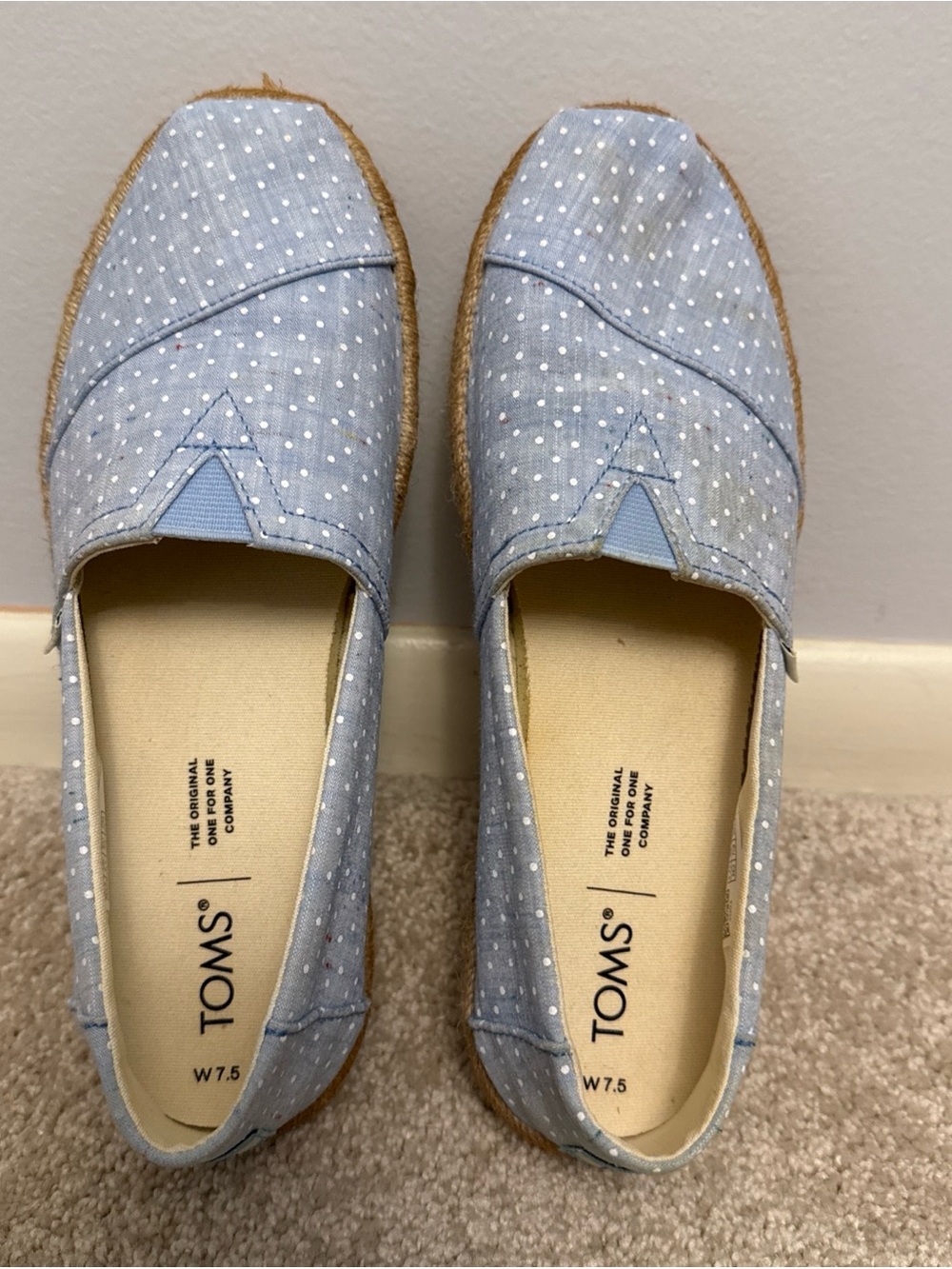 TOMS Light Blue Polka Dot Espadrille Slip-Ons, size 7.5